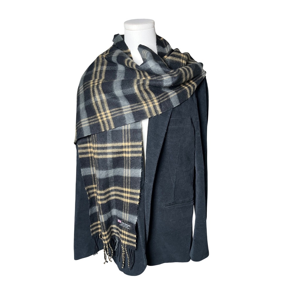 100% Cashmere Plaid Scarf Black Gray Tan Made in‎ Scotland Fringe